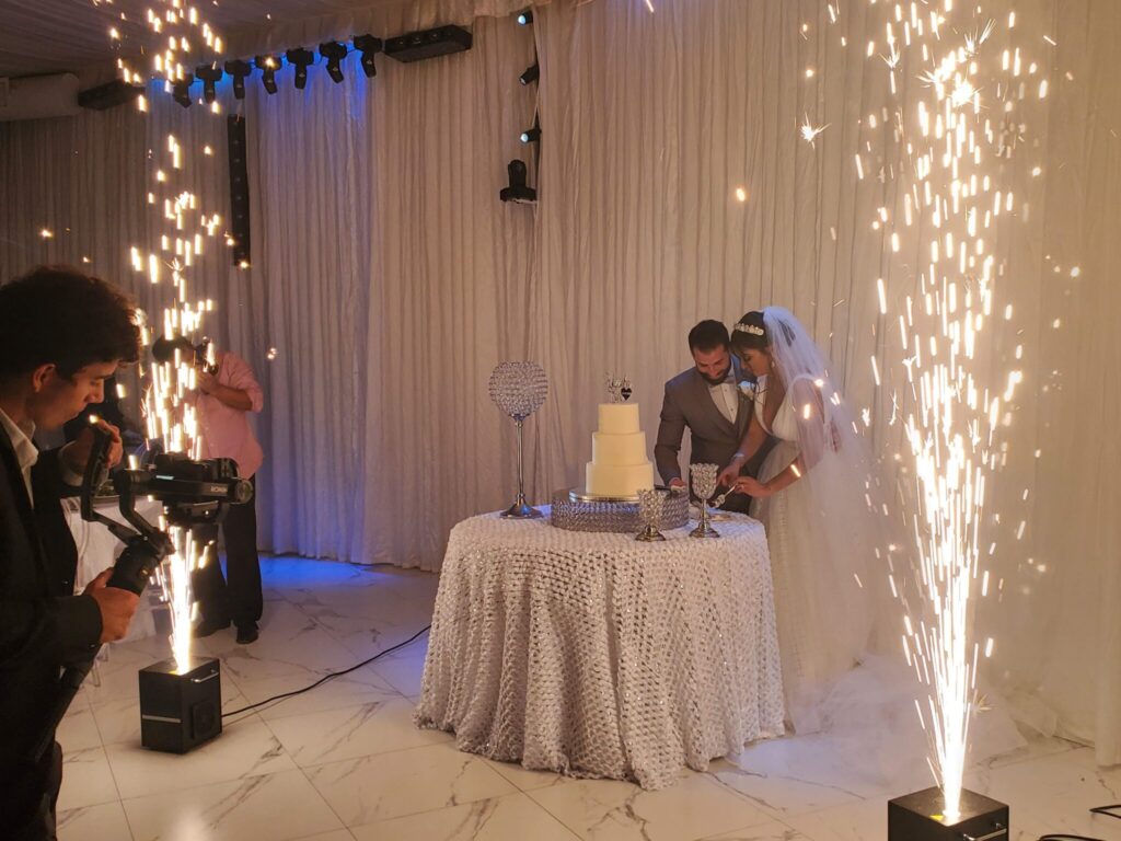 Bride and groom cutting cake next to cold spark fountains at a wedding reception in Fort Lauderdale, FL